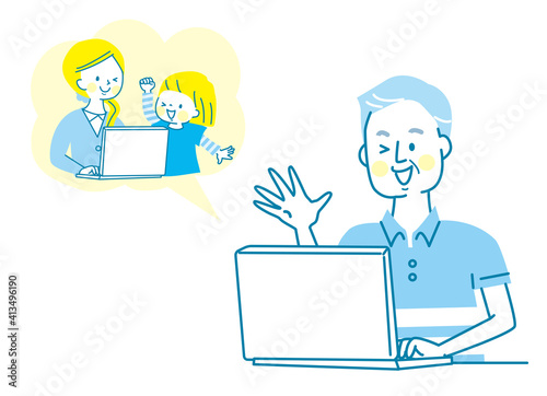 パソコンでオンライン帰省するシニア男性と娘と孫