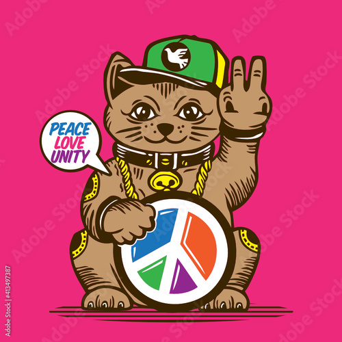 Lucky Cat Peace Symbol Love Unity Vector Illustration 