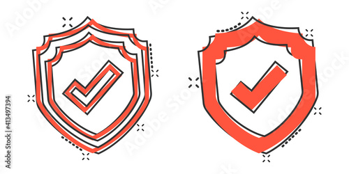 Shield with check mark icon in comic style. Protect cartoon vector illustration on white isolated background. Checkmark guard splash effect business concept.