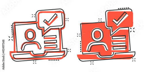 People with laptop computer icon in comic style. Pc user check mark cartoon vector illustration on white isolated background. Office manager splash effect business concept.