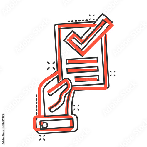 People hand with check mark icon in comic style. Accept cartoon vector illustration on white isolated background. Approval choice splash effect business concept.