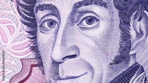 Simon Bolivar portrait on Venezuela 1000 bolivares (1998) banknote rotating. One of the greatest libertadores (liberators) of Spanish America