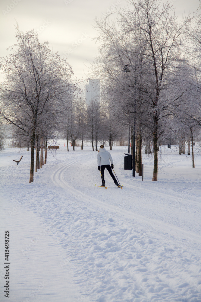 Cross country skiing near the city center in Helsinki, Finland. 