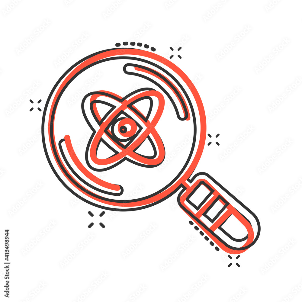 Science magnifier icon in comic style. Virus search cartoon vector illustration on white isolated background. Chemistry dna splash effect business concept. Science magnifier icon in comic style. Virus search cartoon vector illustration on white isolated background. Chemistry dna splash effect business concept.