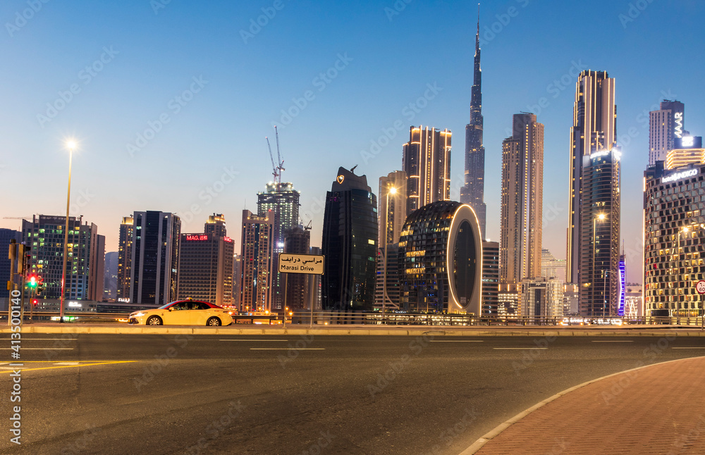 Dubai, UAE - 02.12.2021 Evening hour in Marasi drive, Business Bay District. Outdoors