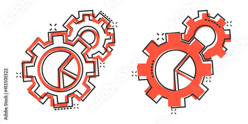 Workflow chart icon in comic style. Gear with diagram cartoon vector illustration on white isolated background. Process organization splash effect business concept.