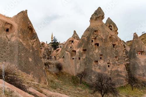 Landscape view of Uchisar  Cappadocia  Turkey under cloudy sky