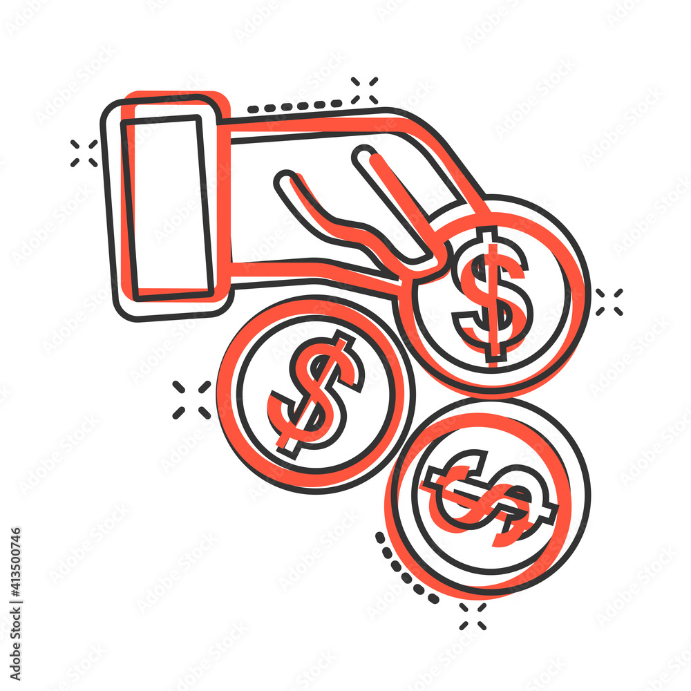 Remuneration icon in comic style. Money in hand cartoon vector illustration on white isolated background. Coin payroll splash effect business concept. Remuneration icon in comic style. Money in hand cartoon vector illustration on white isolated background. Coin payroll splash effect business concept.
