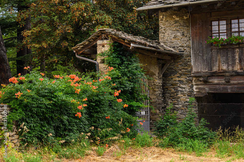 Veduta fiorita dell’ingresso e parte della costruzione in pietra con ballatoio esterno in legno con finestre ad arco carenato della Ola del castello d’Introd Veduta fiorita dell’ingresso e parte della costruzione in pietra con ballatoio esterno in legno con finestre ad arco carenato della Ola del castello d’Introd