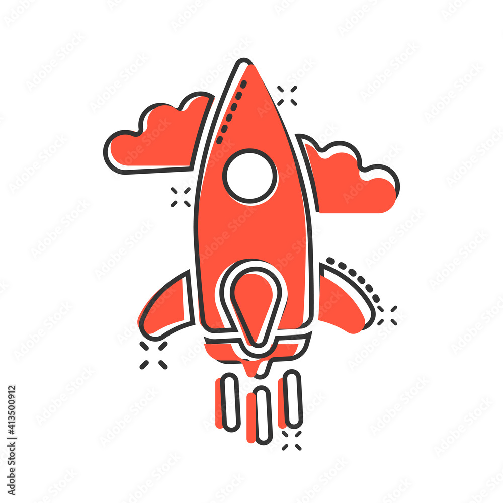 Rocket icon in comic style. Spaceship launch cartoon vector illustration on white isolated background. Sputnik splash effect business concept. Rocket icon in comic style. Spaceship launch cartoon vector illustration on white isolated background. Sputnik splash effect business concept.