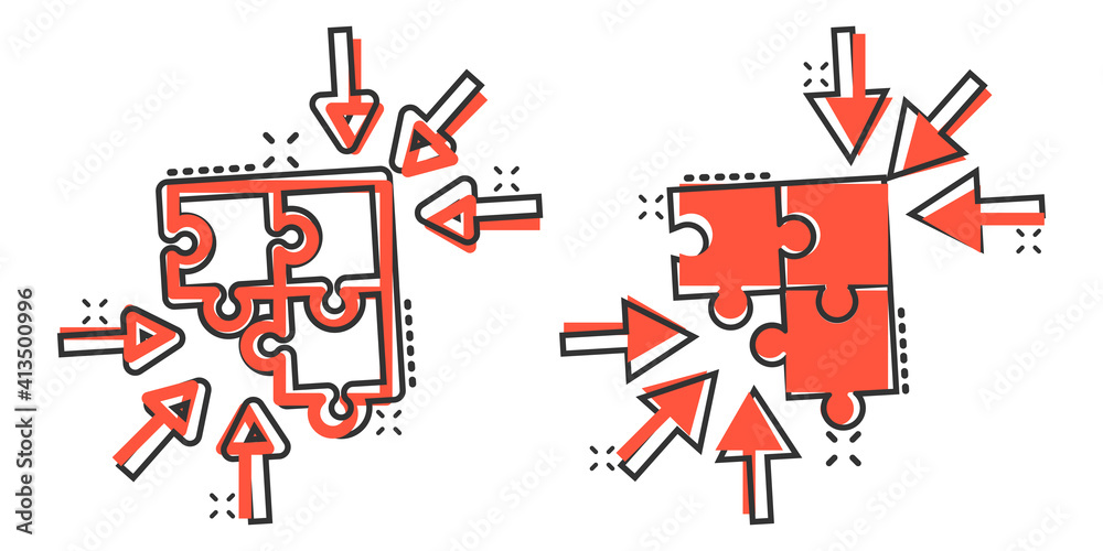Puzzle jigsaw icon in comic style. Solution compatible cartoon vector illustration on white isolated background. Combination splash effect business concept. Puzzle jigsaw icon in comic style. Solution compatible cartoon vector illustration on white isolated background. Combination splash effect business concept.
