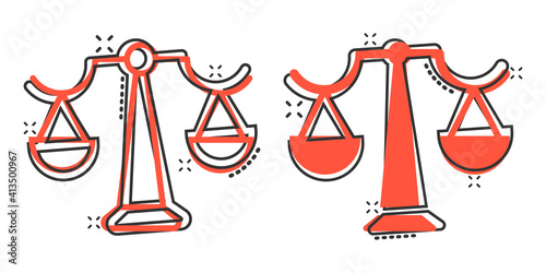 Scale balance icon in comic style. Justice cartoon vector illustration on white isolated background. Judgment splash effect business concept.