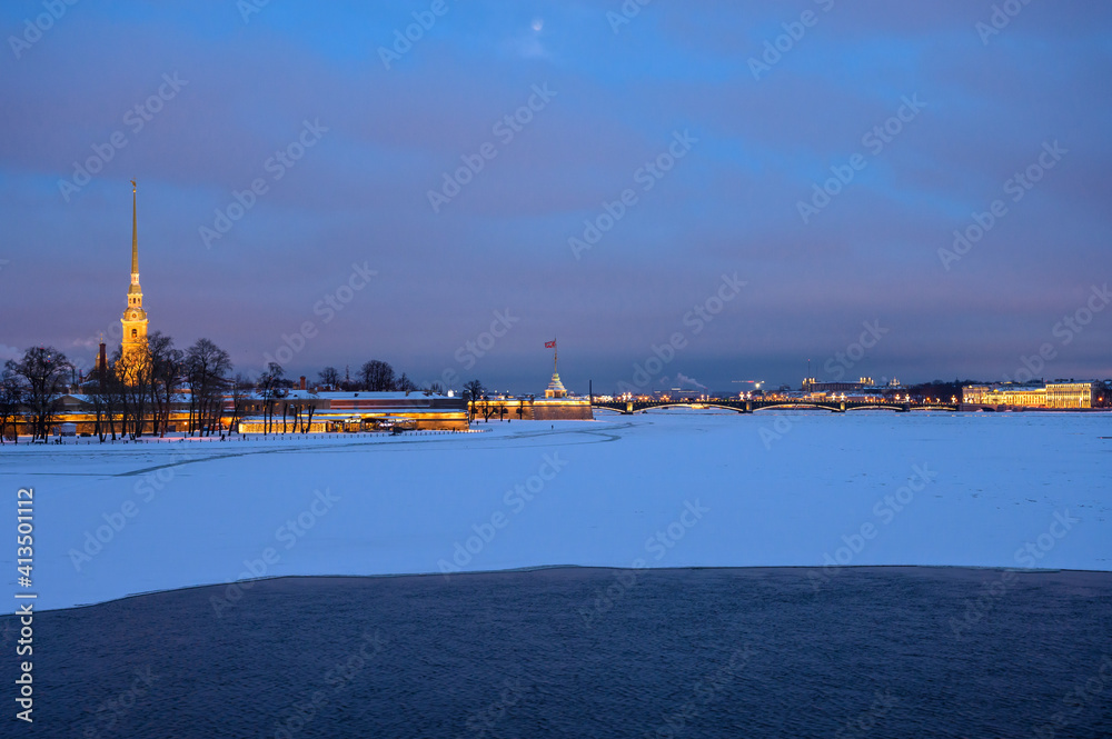 Petropavlovsk fortress in winter. wonderful evening picture