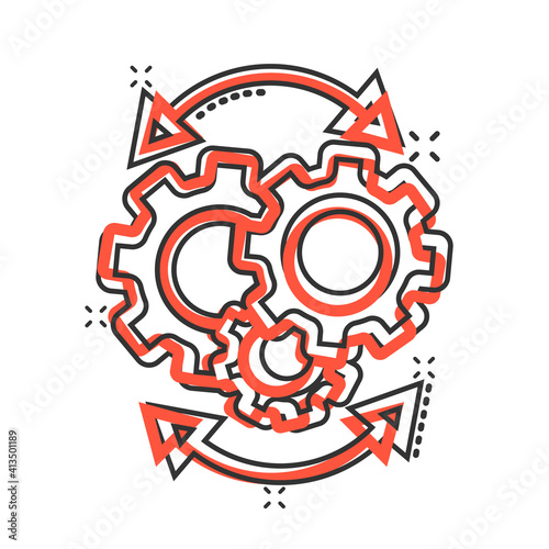 Workflow icon in comic style. Gear effective cartoon vector illustration on white isolated background. Process organization splash effect business concept.