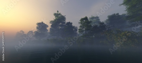 Fog over the water  forest on the riverbank in the morning in the fog  haze over the water on the shore  3D rendering