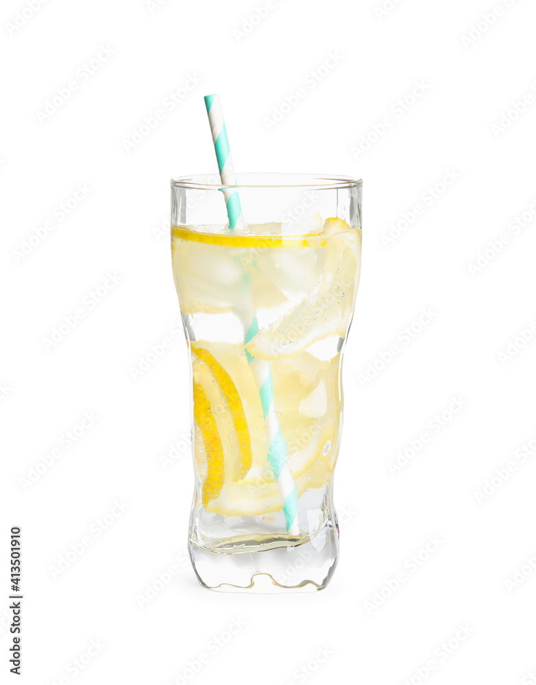 Soda water with lemon slices and ice cubes isolated on white