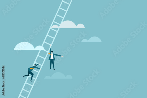 Businessmen falling down while climbing up a ladder that goes high up in the sky