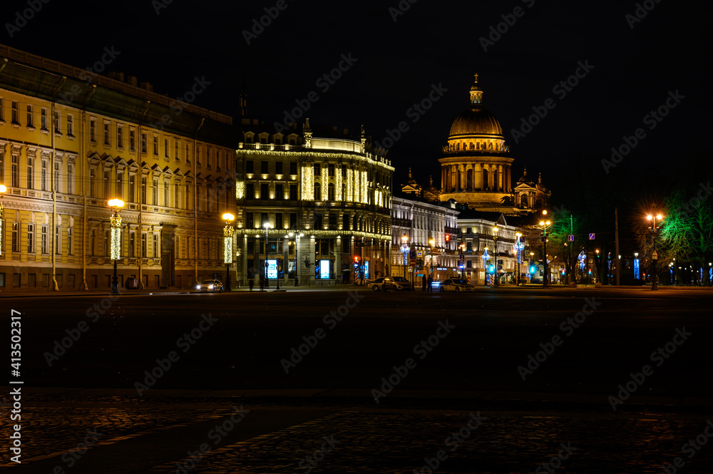 View of St. Isaac's Cathedral. Palace Square St. Petersburg. New Year Christmas tree