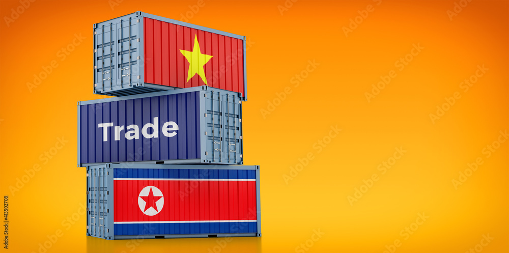 Freight containers with Vietnam and North Korea flag. 3D Rendering Freight containers with Vietnam and North Korea flag. 3D Rendering