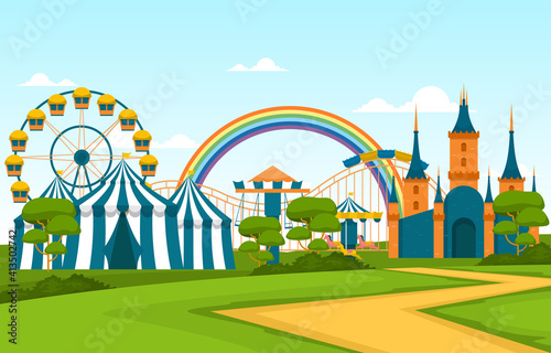 Castle Ferris Wheel Amusement Park Happy Holiday Illustration