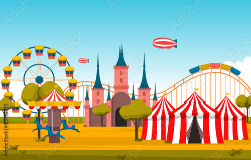Castle Ferris Wheel Amusement Park Happy Holiday Illustration
