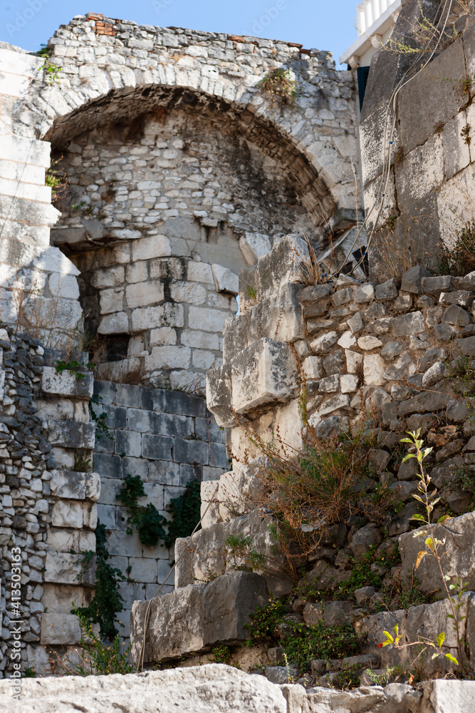 Ruins of the historic city of Split, old walls. Dalmatia, Croatia