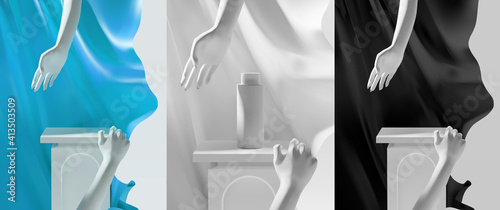 Elegant minimal podium scene for product presentation or placement with beautiful realistic marble hand gesture decoration and colorful wavy cloth background vector