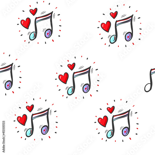 seamless pattern wallpaper of musical notes and hearts. Vector Illustration