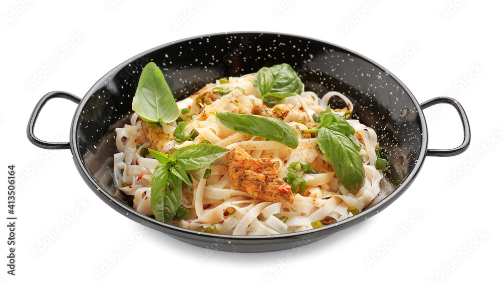 Frying pan with tasty noodles and chicken on white background Frying pan with tasty noodles and chicken on white background