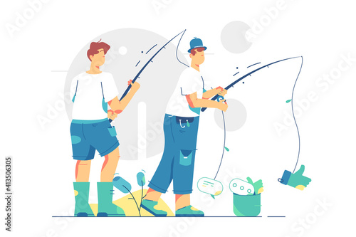 Fishermen friends at river bank vector illustration. Guys with metal bucket and fishing rods flat style. Fishing sport, outdoor summer recreation, leisure time concept. Isolated on white background