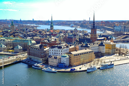 General view of Stockholm, Sweden with traditional buildings and houses in the old town with the sea always present