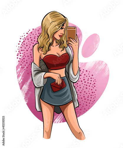 Hand drawn beautiful young woman with smartphone . Print for T-shirt.Fashion woman look. Sketch. Vector illustration