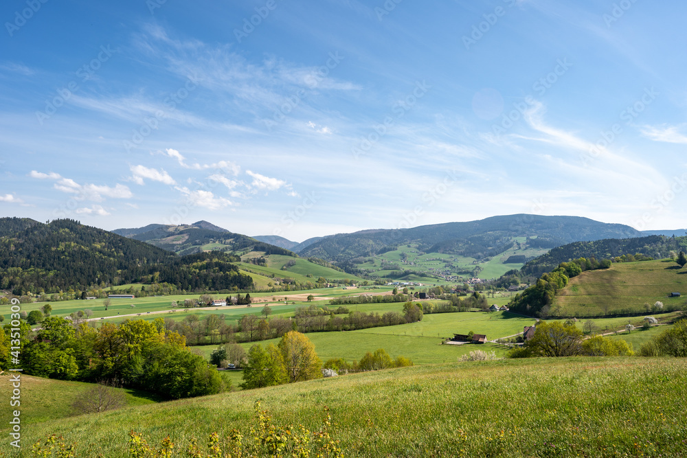 Wide Angle Shot of Oberried and the Surrounding Mountains of the Black Forest