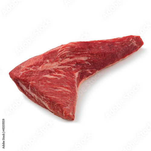 Closeup view of Fresh Raw Beef Tri Tip Roast Sirloin Cut Meat in Isolated White Background 