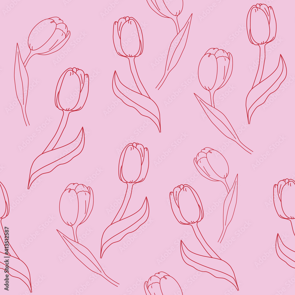 Seamless pattern with red tulips on a pink background. Floral background Vector illustration.