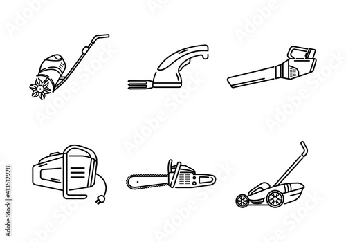A set of garden electric tools. Garden icons. Logo Lineart.