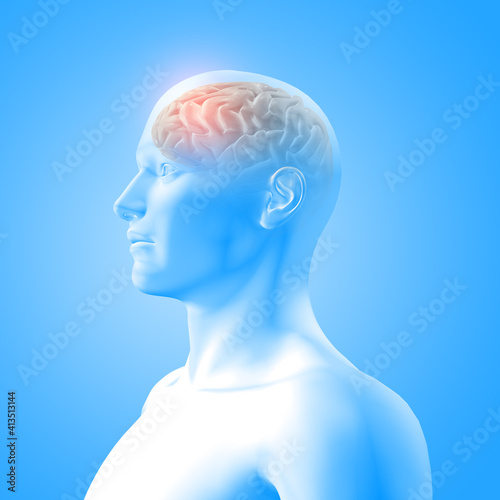 3D medical image showing brain in male figure with frontal lobe highlighted
