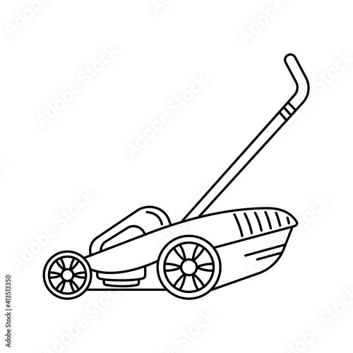 The black line lawnmower icon. Garden icon. Logo Lineart