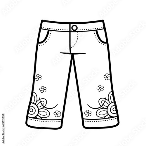 Denim breeches just below the knee outline for coloring on a white background