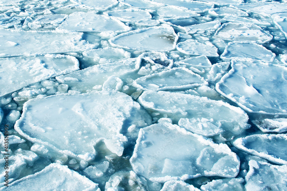 big frozen pieces of ice in the sea, top view big frozen pieces of ice in the sea, top view