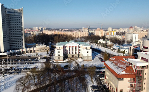 Top view of snowy city in winter. 13 February 2021, Minsk Belarus