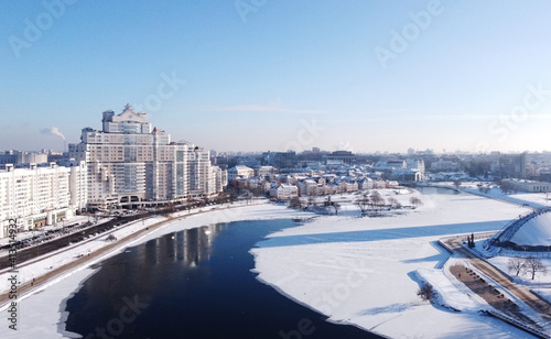 Top view of snowy city in winter. 13 February 2021  Minsk Belarus