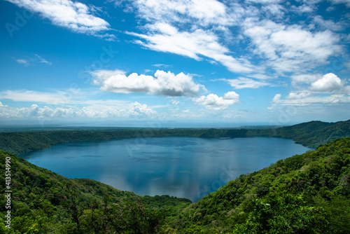 Laguna de Apoyo Mirador de Catarina beautiful view on Lagoon and Lake Nicaragua Cocibolca in the background and blue sky Central America