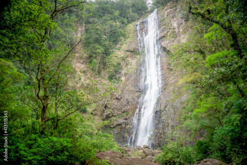 Salto Morato waterfall with stone wall in the Atlantic forest of southern Brazil