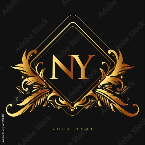 Initial logo letter NY with golden color with ornaments and classic pattern, vector logo for business and company identity.