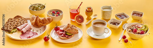Delicious wholesome breakfast panorama banner on yellow