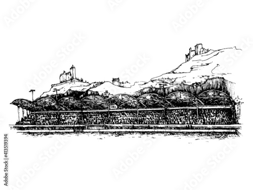 Stadium with people inside and mountains with a castle on top on background. football game, people on the stadium. Sketchy monochromatic vector image