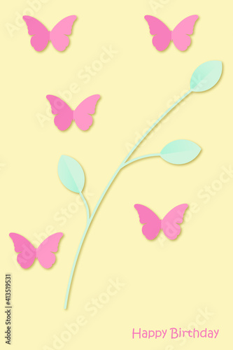 Paper cut style greeting card. Butterflies and branch with leaves