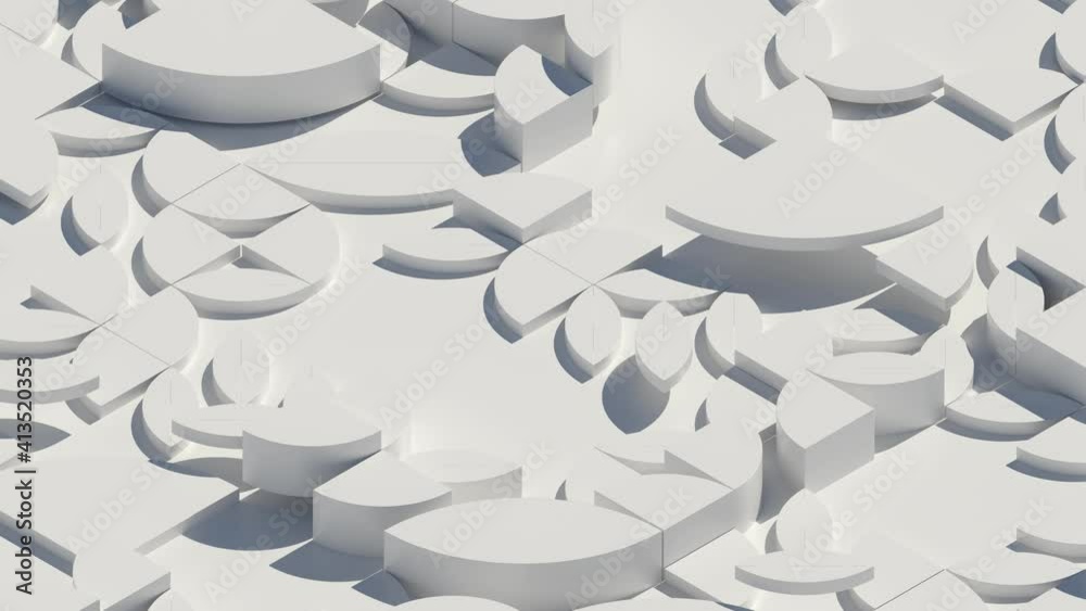 3d render of extruded shapes that generate chaotic graphic pattern. White gamma with shadows. Simple and elegant. Loop animation.