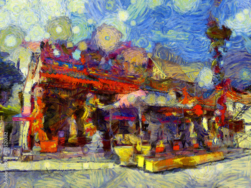 Ancient chinese shrine Illustrations creates an impressionist style of painting.